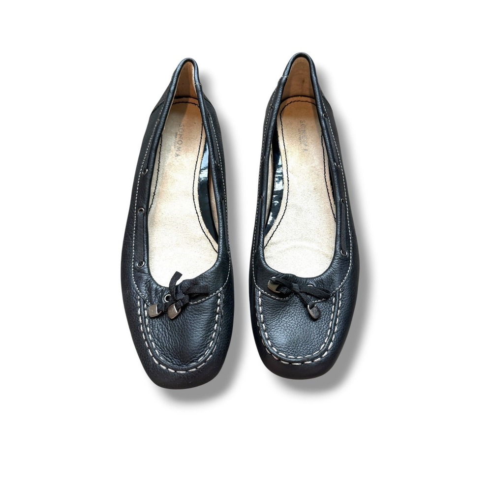 Sonoma Womens 10 Black Leather Moc Toe Flats Loafers Bow Contrast Stitch